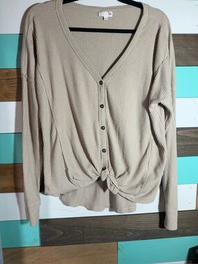 SO Beige Ribbed V-Neck Knit Top